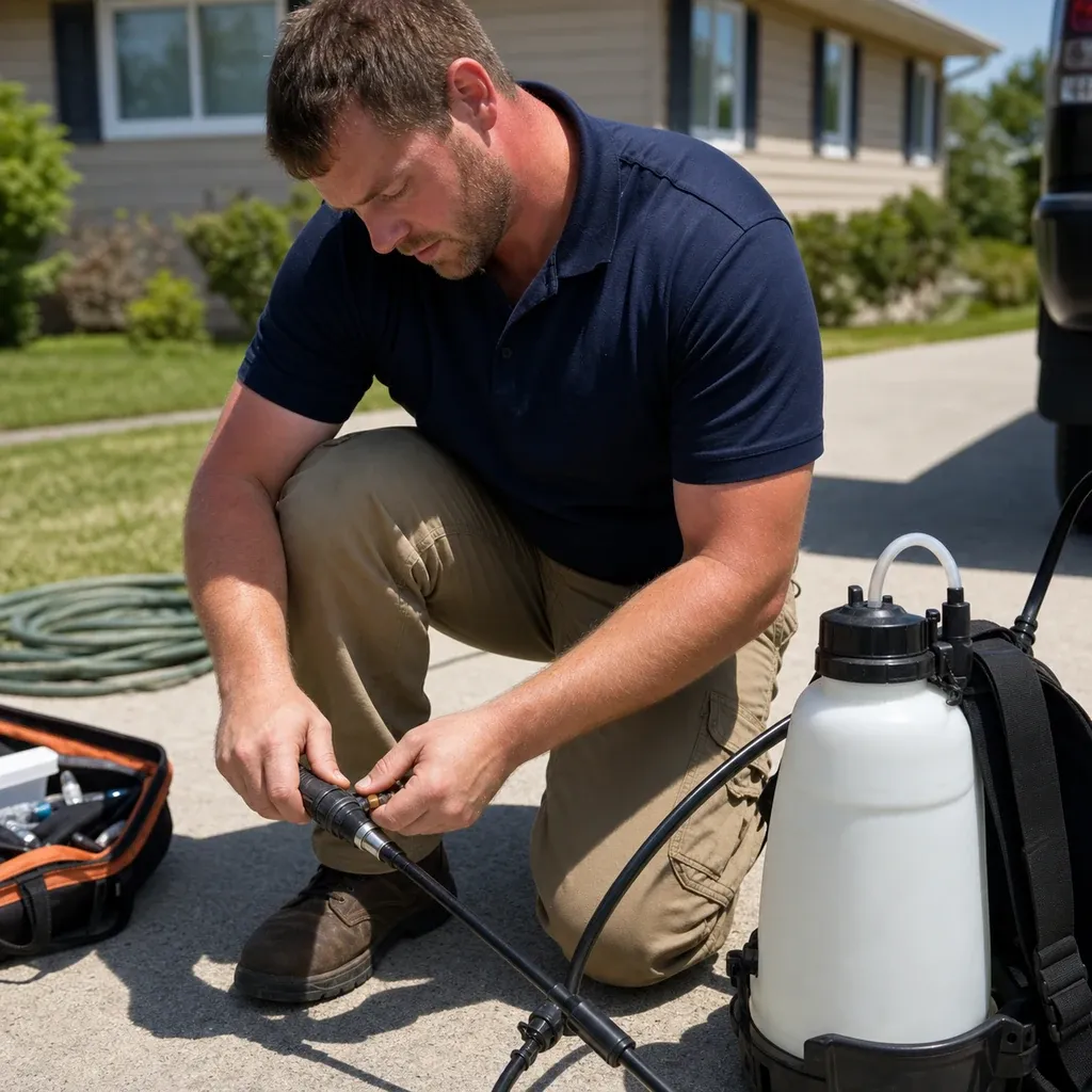 Pest control technician preparing service equipment on a residential driveway