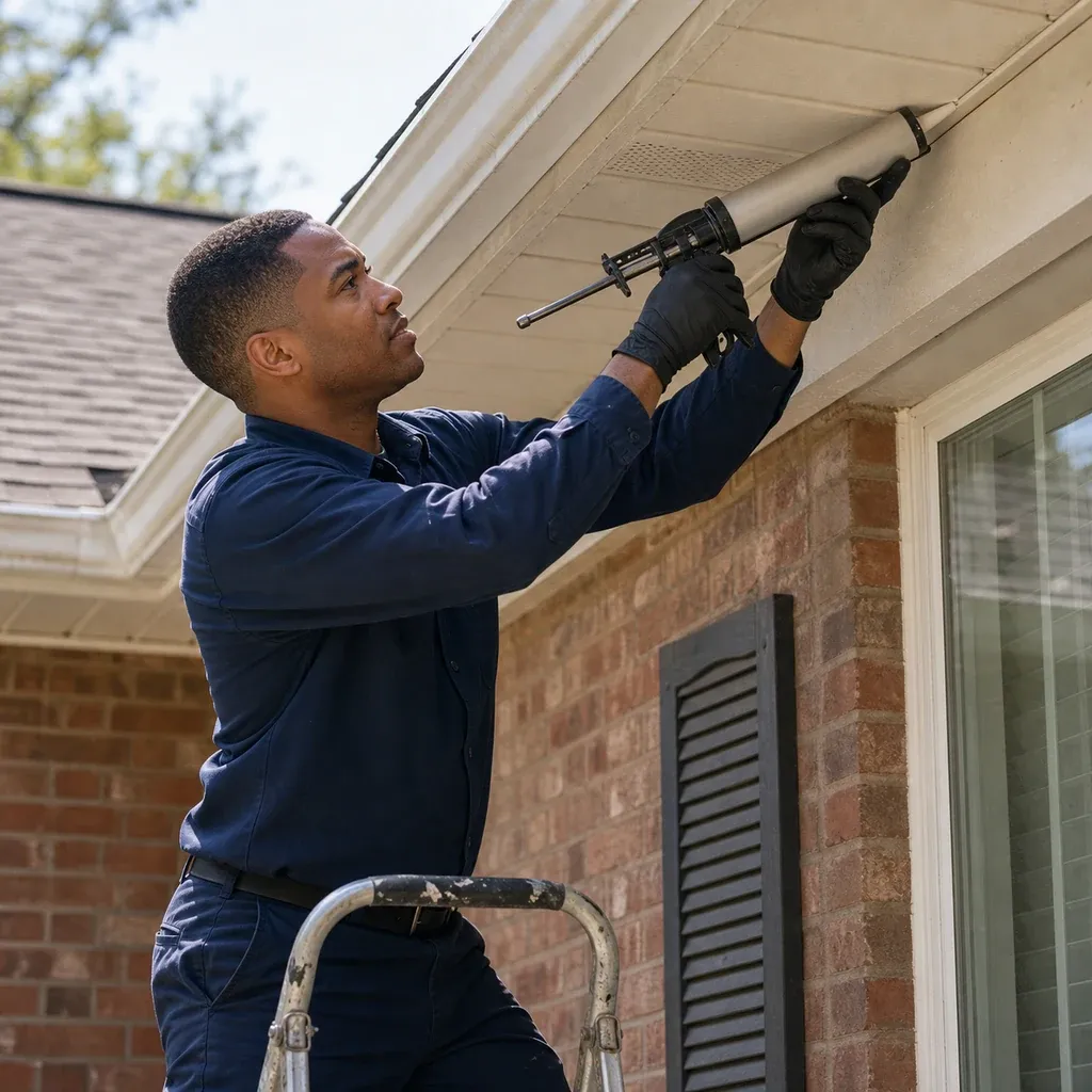 Pest control technician applying sealant to a home soffit during exclusion work